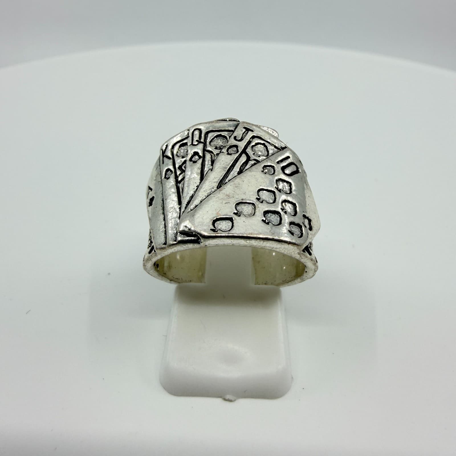 Vintage Silver Tone Royal Flush Playing Cards Poker Statement Band Ring Classic