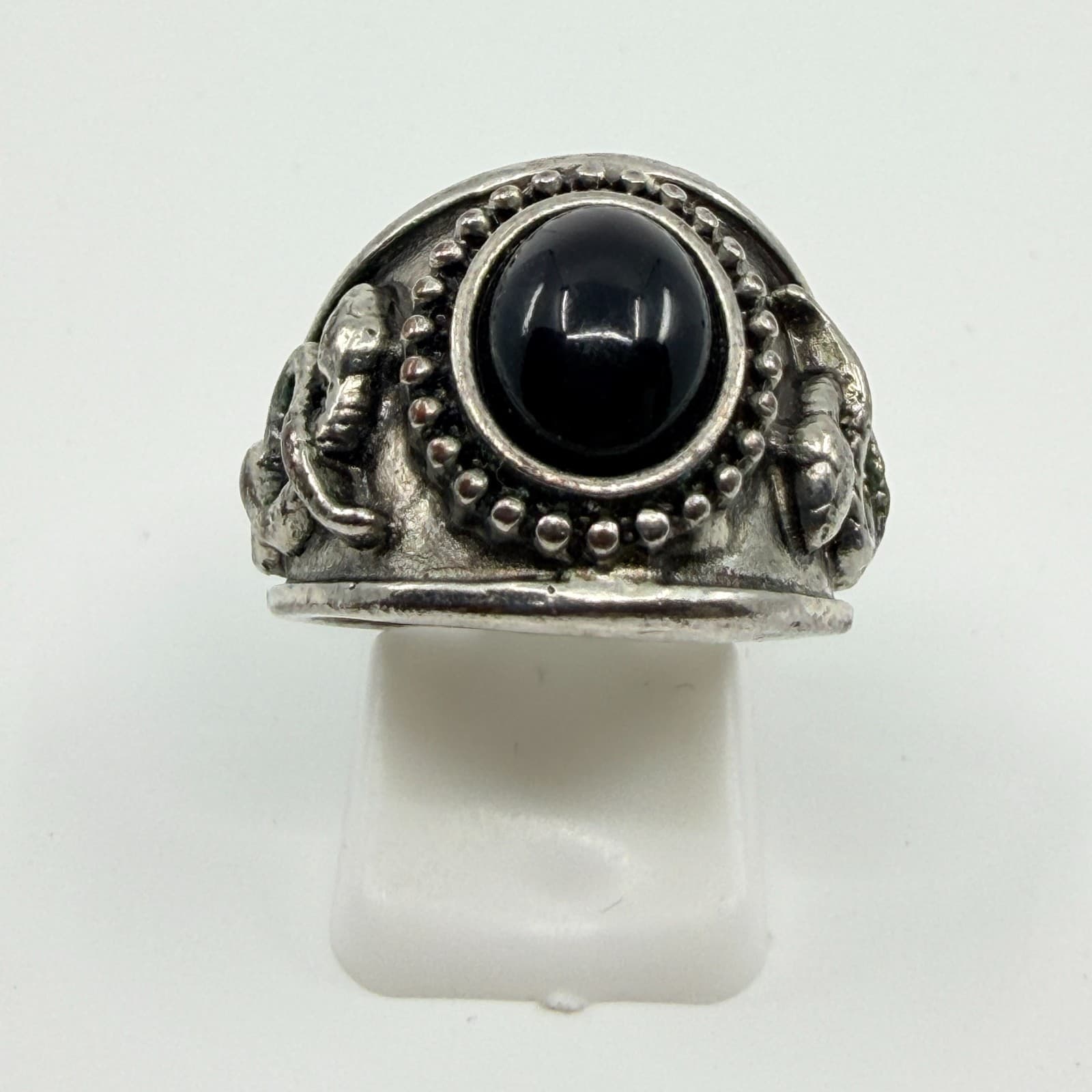 Vintage Gothic Silver Tone Black Onyx Cabochon Snake Side Details Ring Classic - Thumbnail 2