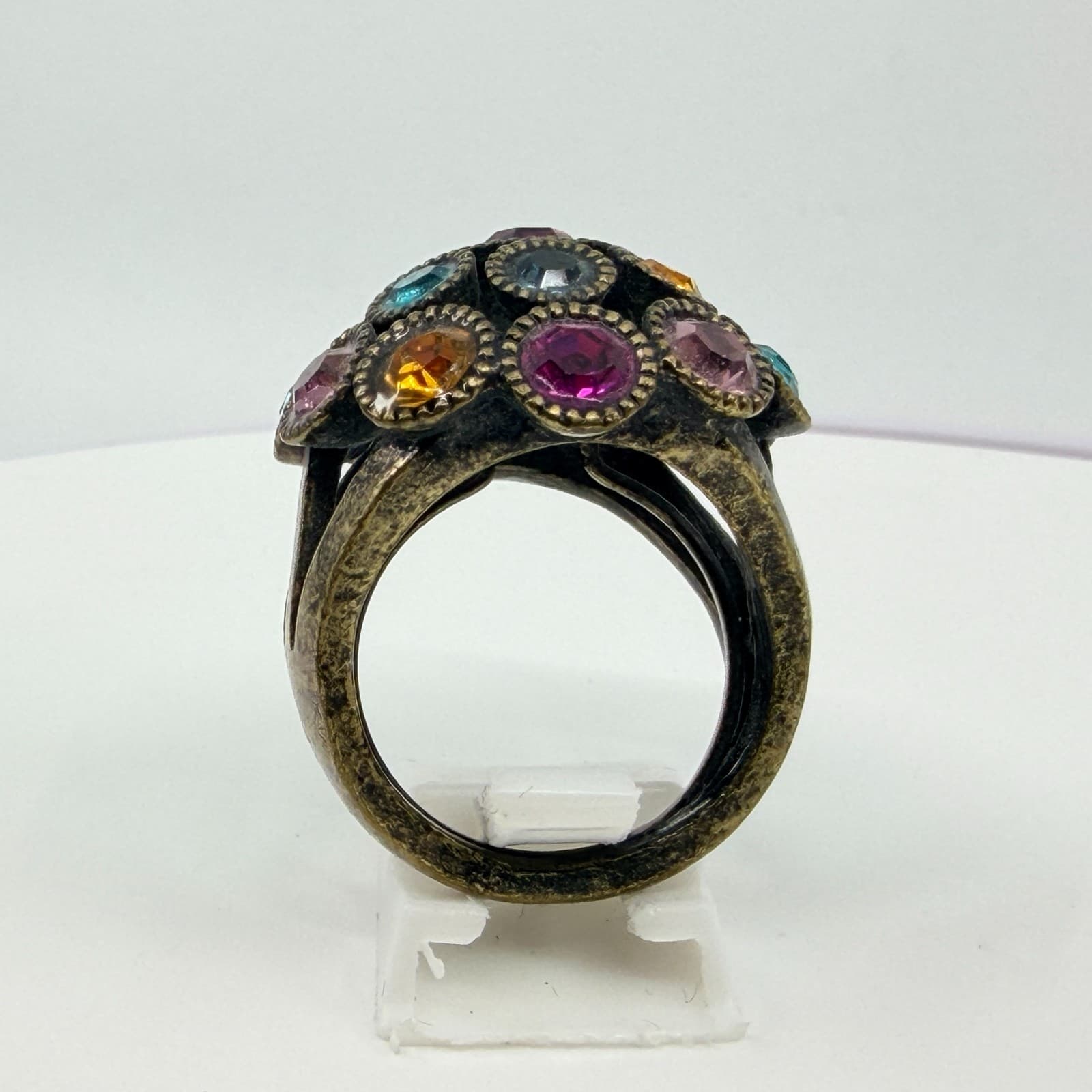 Vintage Antique Bronze Tone Multicolor Rhinestone Dome Cocktail Ring Statement - Thumbnail 7