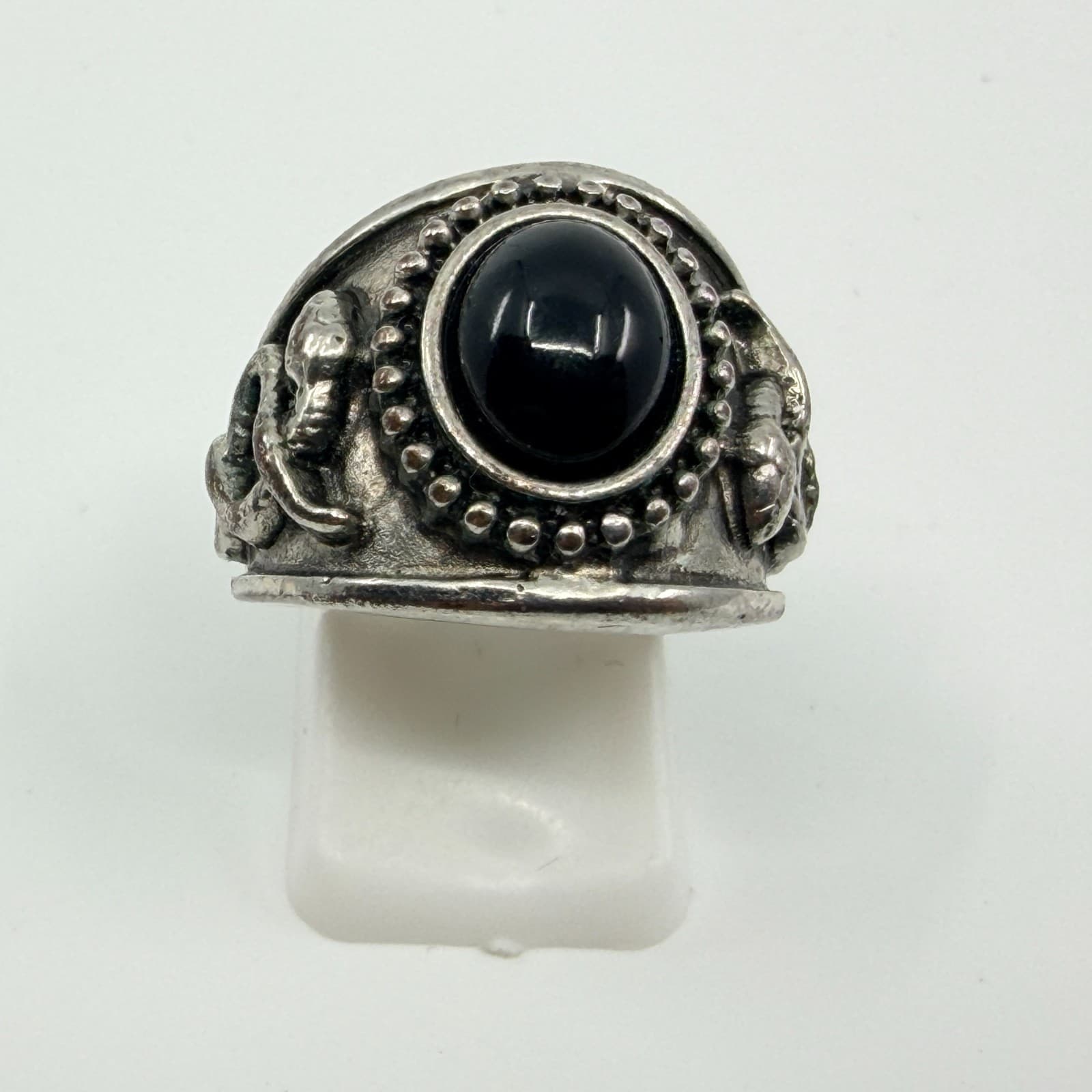 Vintage Gothic Silver Tone Black Onyx Cabochon Snake Side Details Ring Classic - Thumbnail 6
