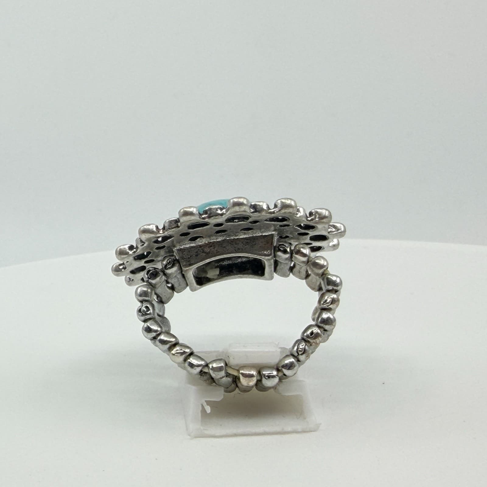 Vintage Southwestern Faux Turquoise Stretch Ring Silver Tone Textured Statement - Thumbnail 7