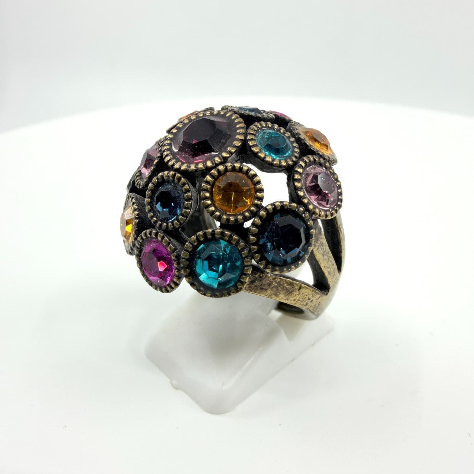 Vintage Antique Bronze Tone Multicolor Rhinestone Dome Cocktail Ring Statement