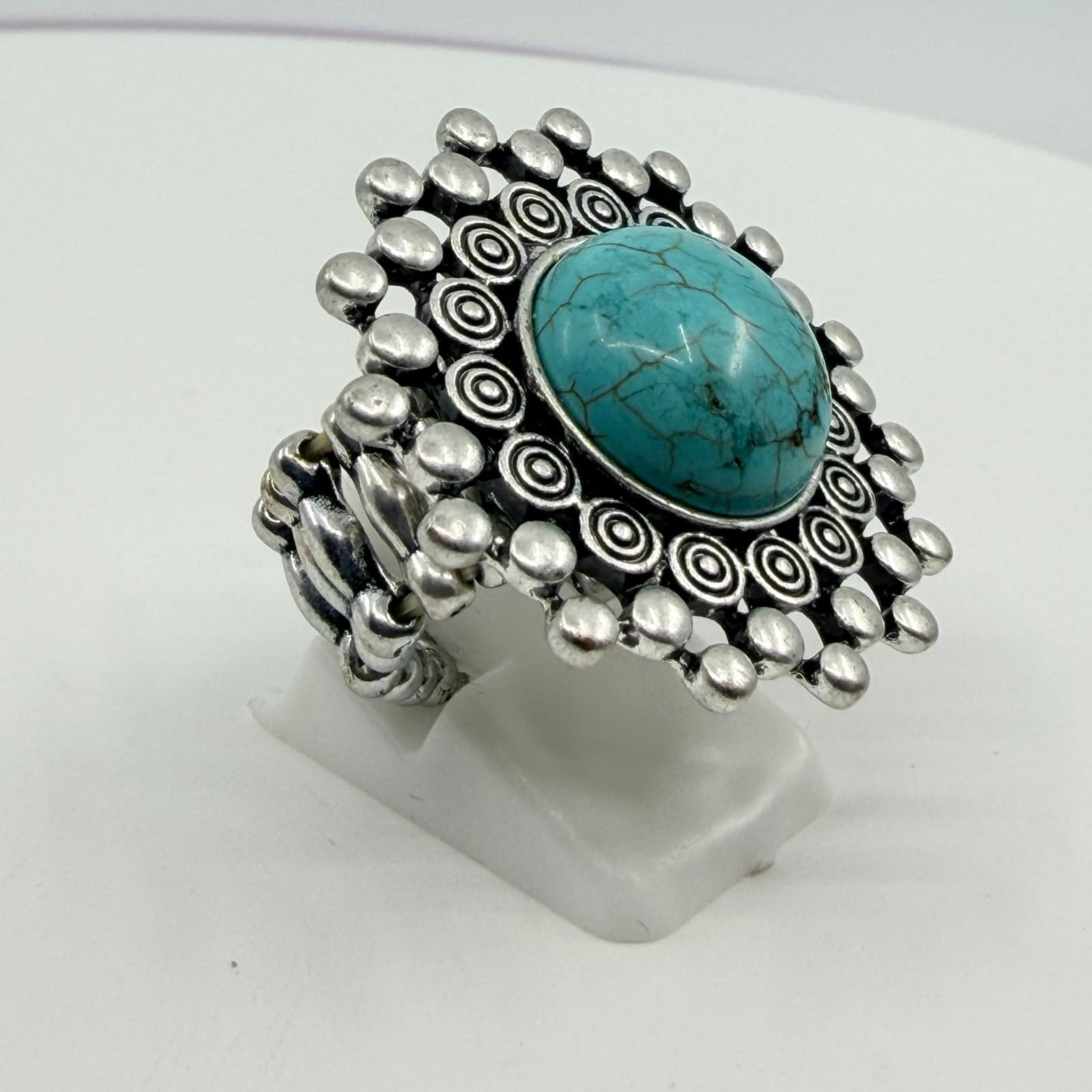 Vintage Southwestern Faux Turquoise Stretch Ring Silver Tone Textured Statement - Thumbnail 2