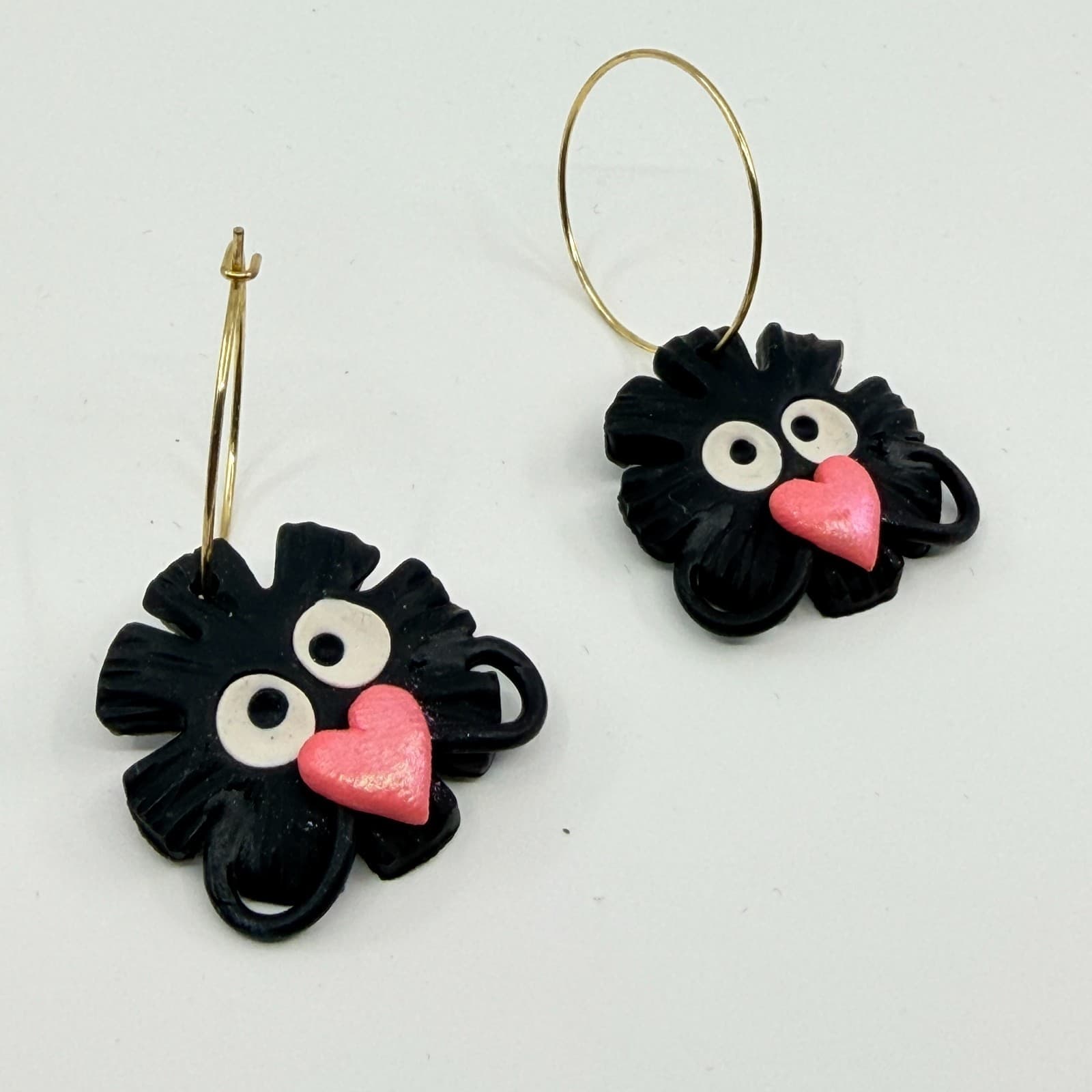 VTG Y2K Cute Black Monster Heart Hoop Earrings Quirky Kawaii Clay Drop Dangle - Thumbnail 3
