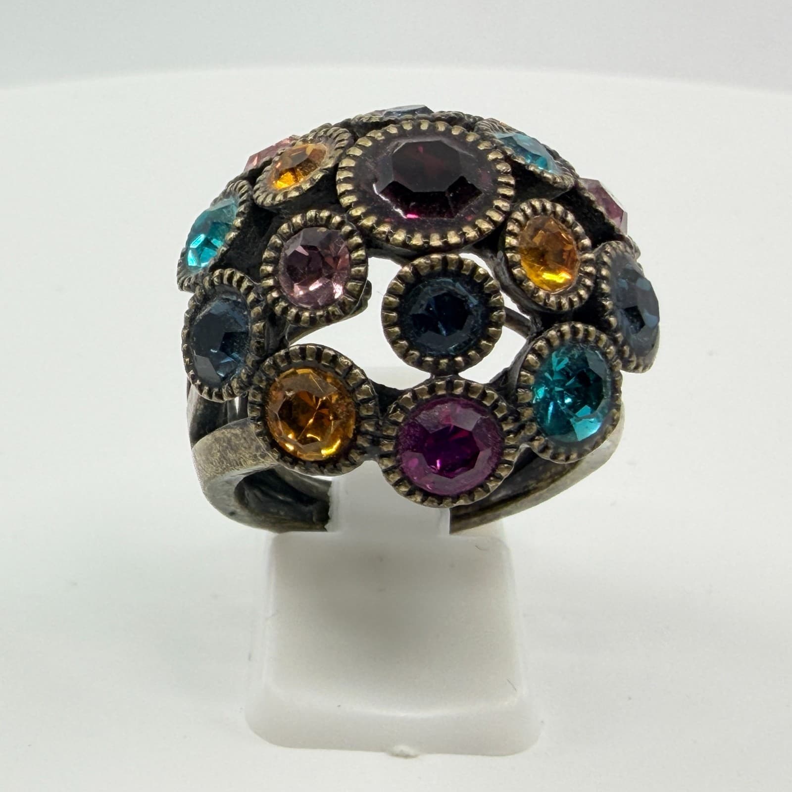 Vintage Antique Bronze Tone Multicolor Rhinestone Dome Cocktail Ring Statement - Thumbnail 3