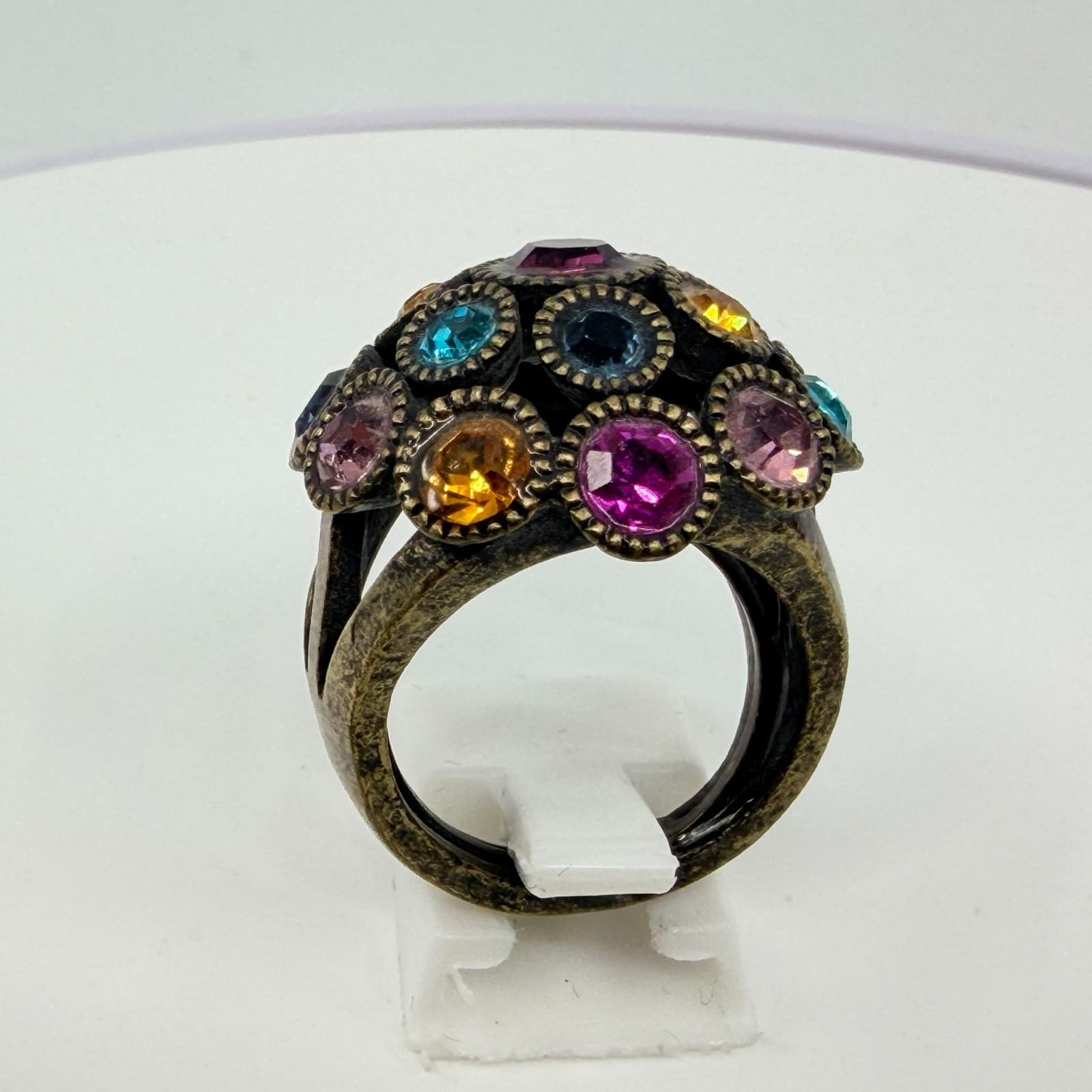 Vintage Antique Bronze Tone Multicolor Rhinestone Dome Cocktail Ring Statement - Thumbnail 8