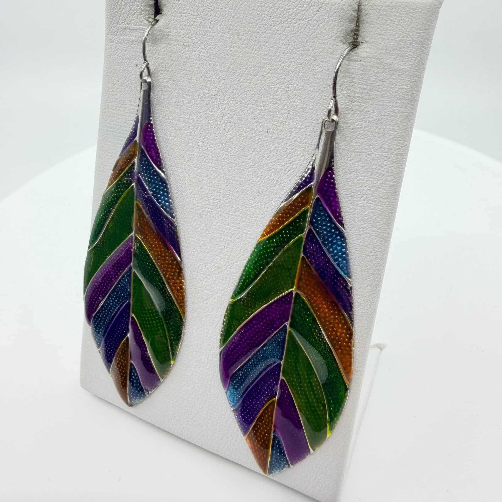 Vintage Rainbow Enamel Leaf Dangle Earrings Silver Tone Boho Multicolor Drop - Thumbnail 5