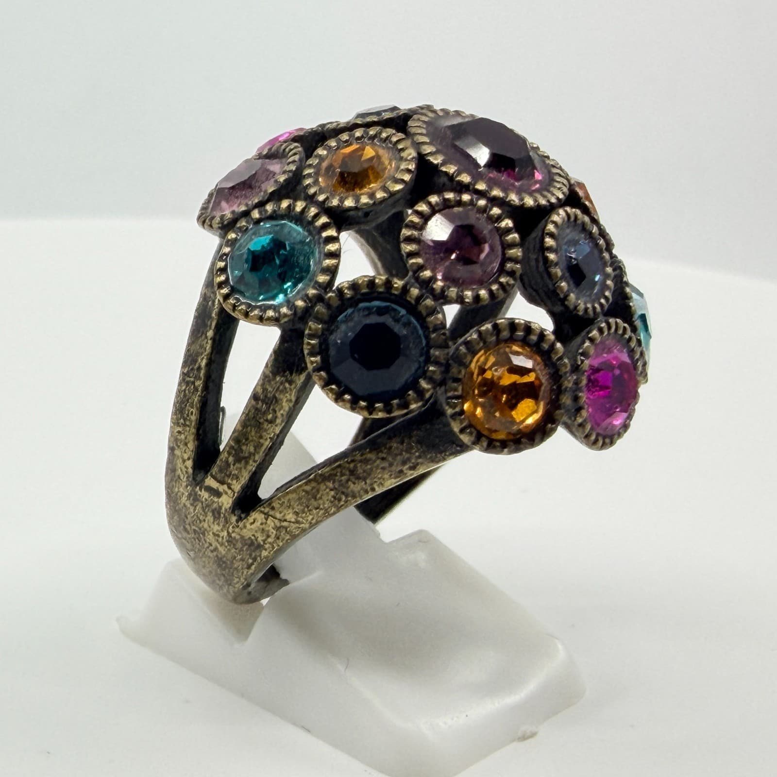 Vintage Antique Bronze Tone Multicolor Rhinestone Dome Cocktail Ring Statement - Thumbnail 4