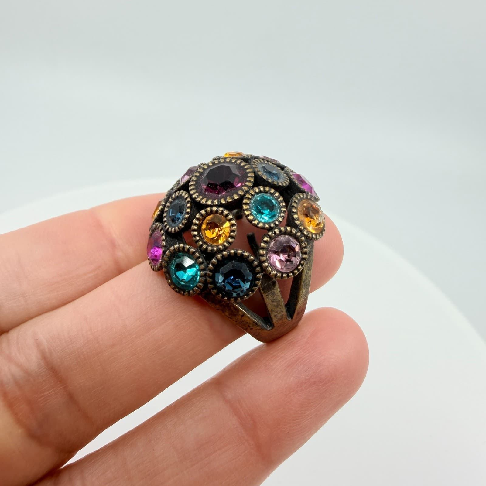 Vintage Antique Bronze Tone Multicolor Rhinestone Dome Cocktail Ring Statement - Thumbnail 9