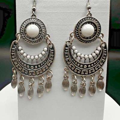 Vintage 90s Boho Dangle Earrings Silver-Tone White Beaded Ethnic Grecian Style