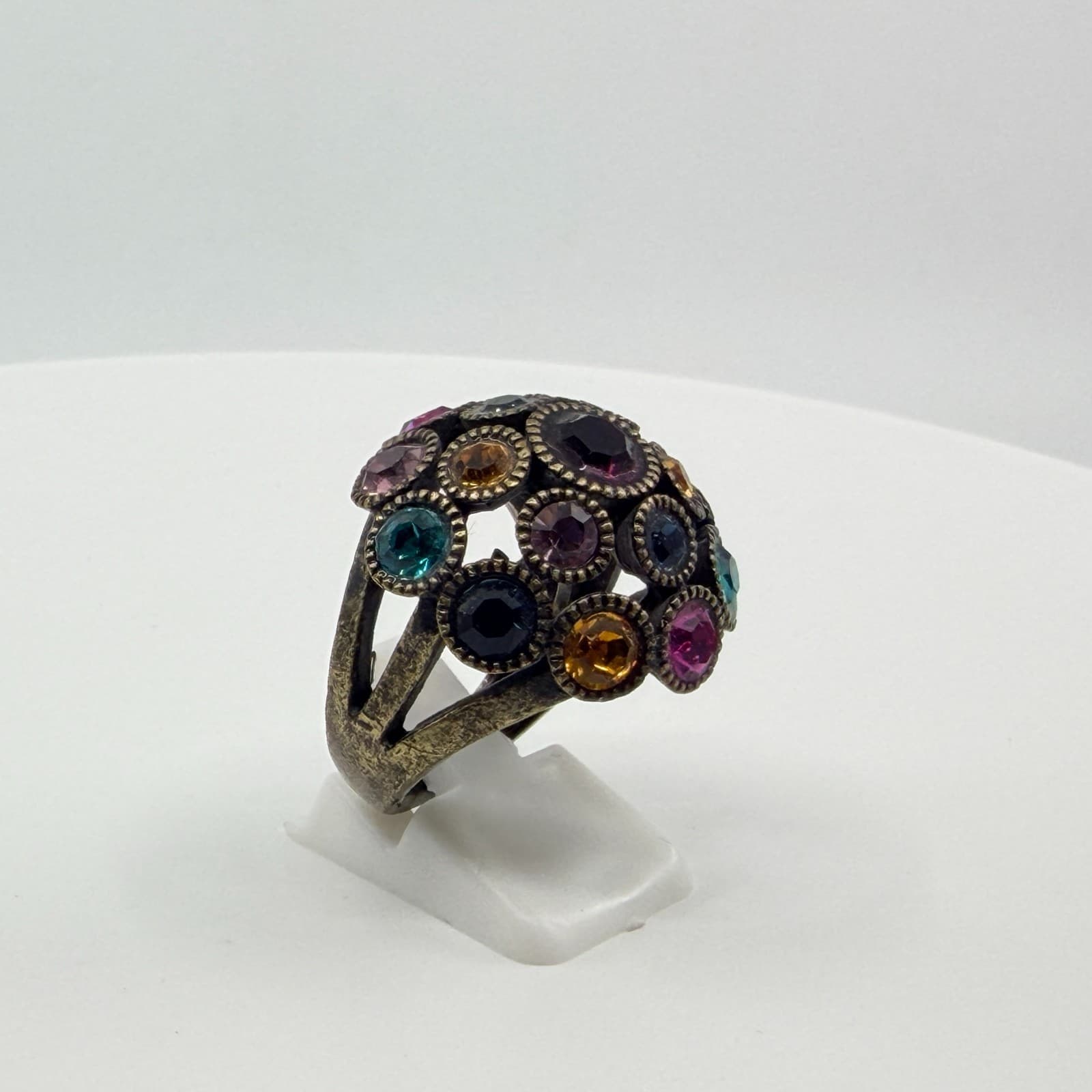 Vintage Antique Bronze Tone Multicolor Rhinestone Dome Cocktail Ring Statement - Thumbnail 5