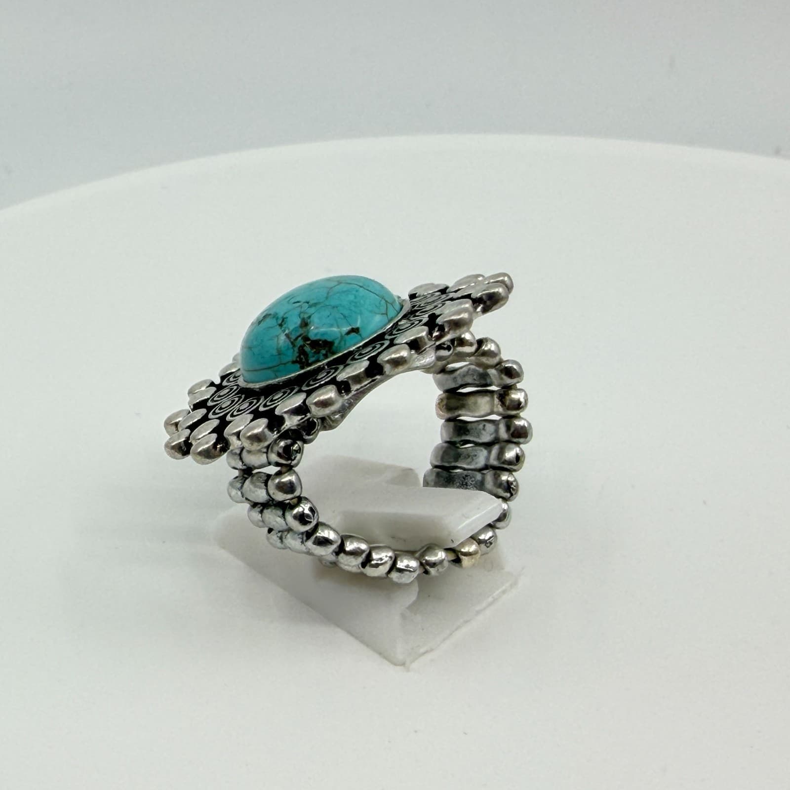Vintage Southwestern Faux Turquoise Stretch Ring Silver Tone Textured Statement - Thumbnail 6