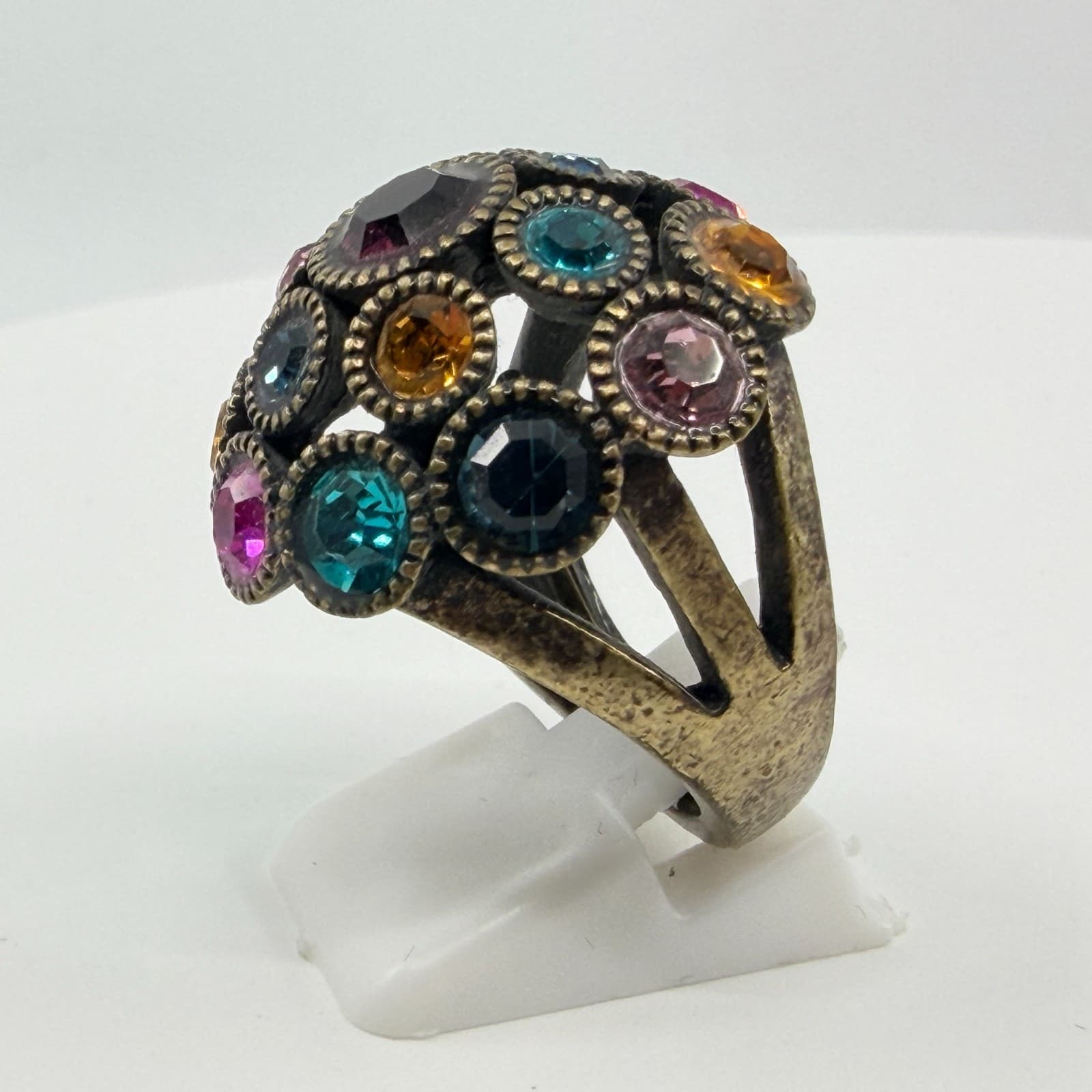 Vintage Antique Bronze Tone Multicolor Rhinestone Dome Cocktail Ring Statement - Thumbnail 6