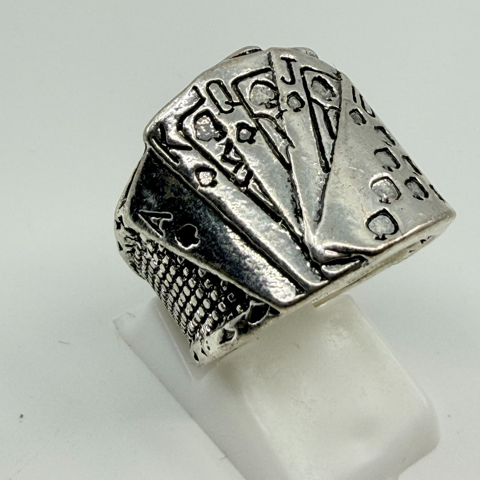 Vintage Silver Tone Royal Flush Playing Cards Poker Statement Band Ring Classic - Thumbnail 3