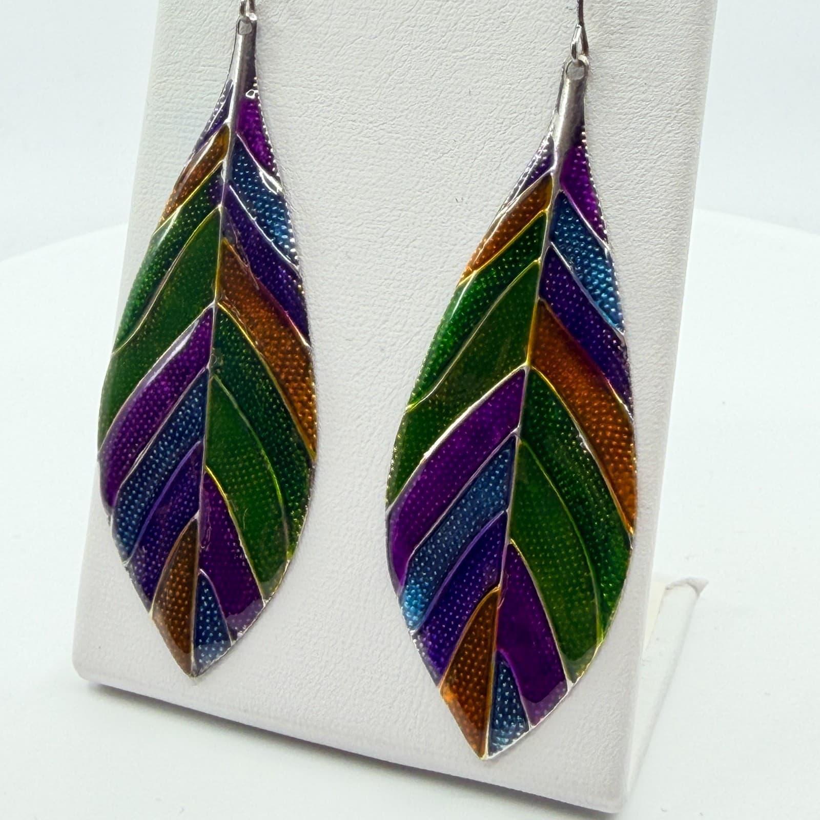 Vintage Rainbow Enamel Leaf Dangle Earrings Silver Tone Boho Multicolor Drop - Thumbnail 7