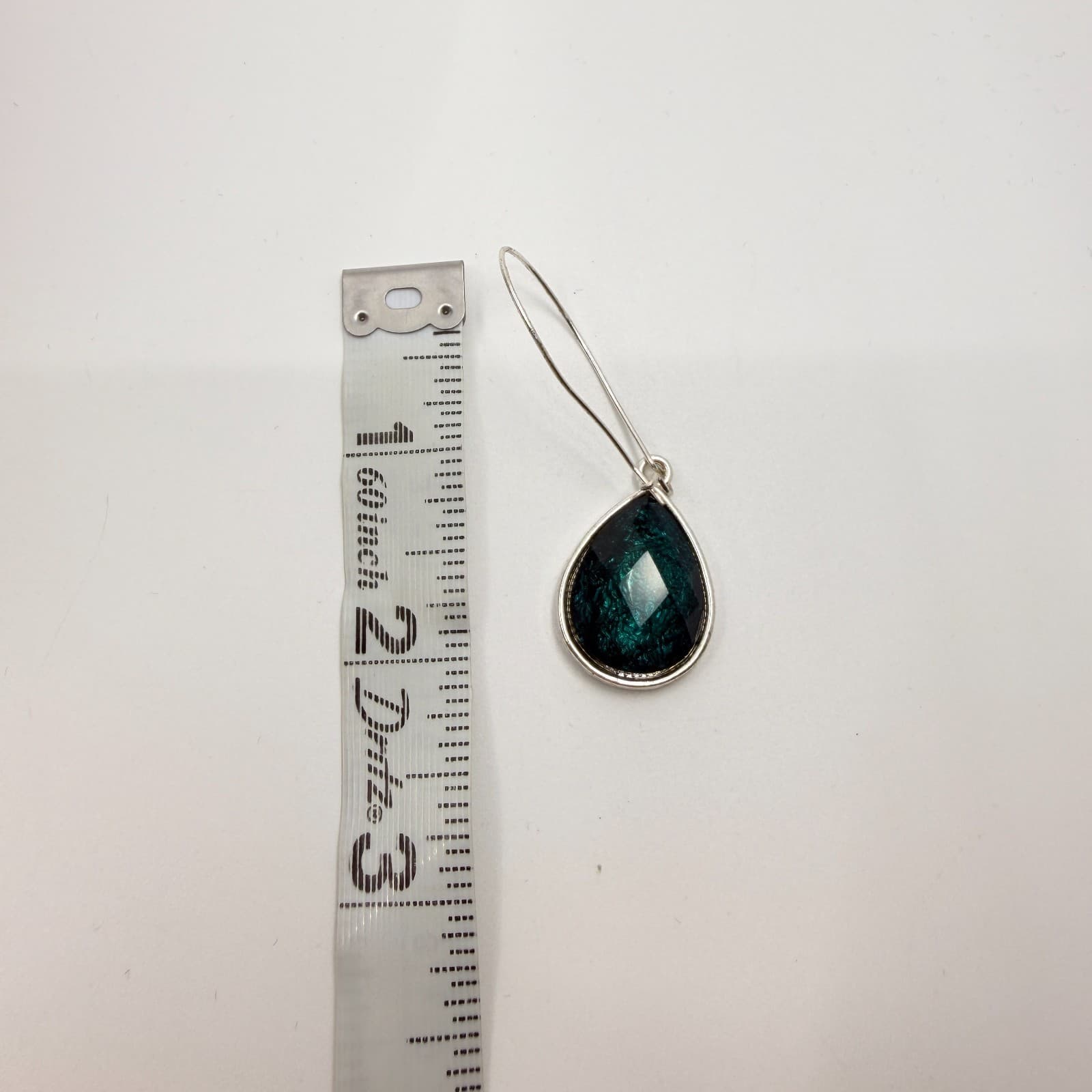 Vintage Silver Tone Faceted Teal Green Glass Teardrop Drop Earrings Classic - Thumbnail 8