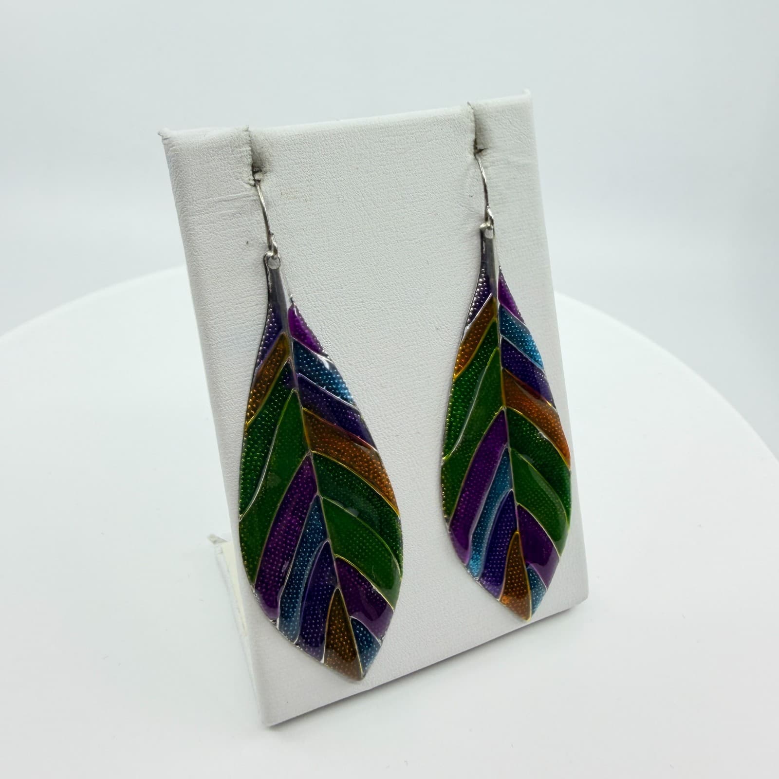 Vintage Rainbow Enamel Leaf Dangle Earrings Silver Tone Boho Multicolor Drop - Thumbnail 3