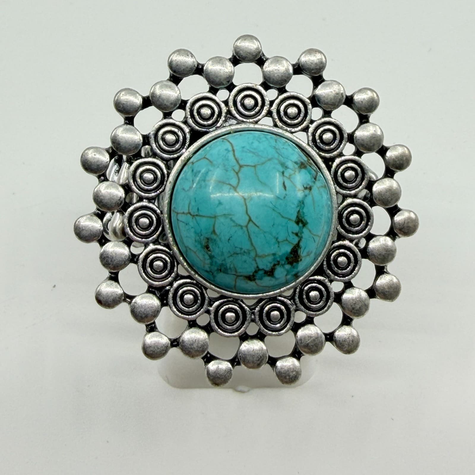 Vintage Southwestern Faux Turquoise Stretch Ring Silver Tone Textured Statement - Thumbnail 4