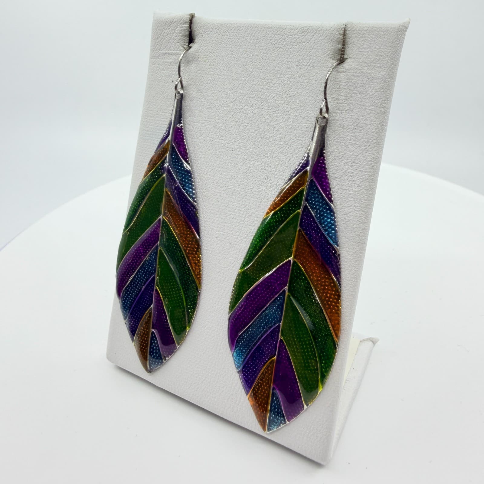 Vintage Rainbow Enamel Leaf Dangle Earrings Silver Tone Boho Multicolor Drop - Thumbnail 4