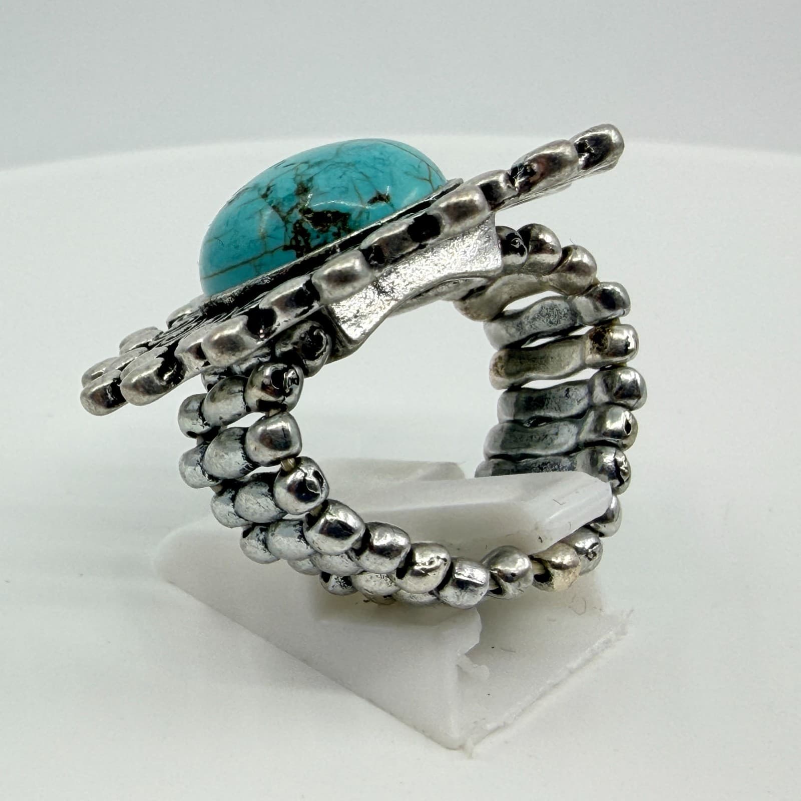 Vintage Southwestern Faux Turquoise Stretch Ring Silver Tone Textured Statement - Thumbnail 5