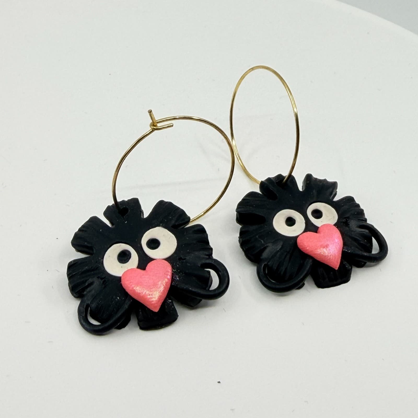 VTG Y2K Cute Black Monster Heart Hoop Earrings Quirky Kawaii Clay Drop Dangle - Thumbnail 7