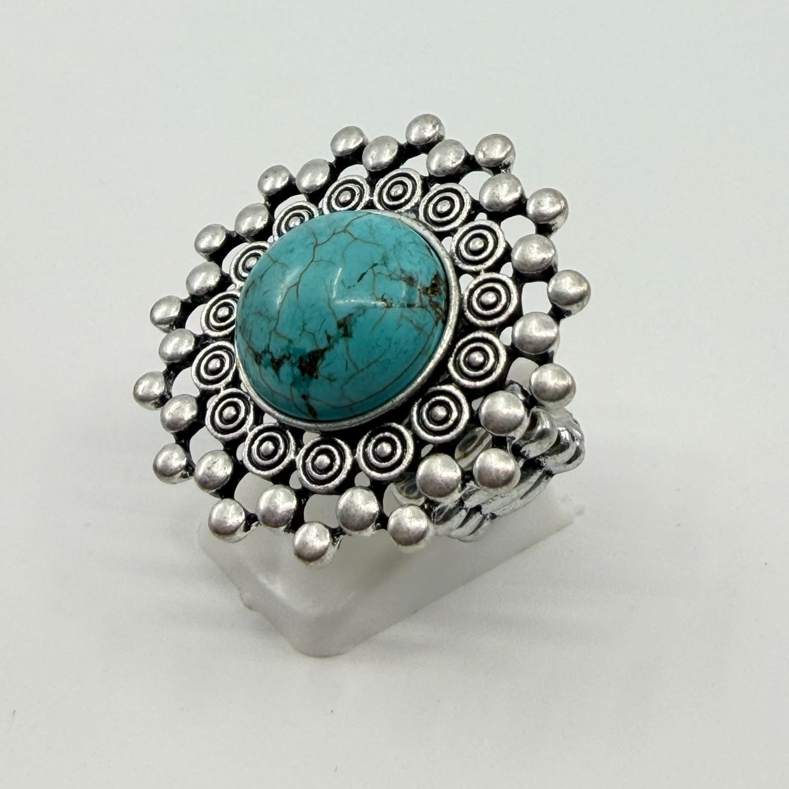 Vintage Southwestern Faux Turquoise Stretch Ring Silver Tone Textured Statement - Thumbnail 3