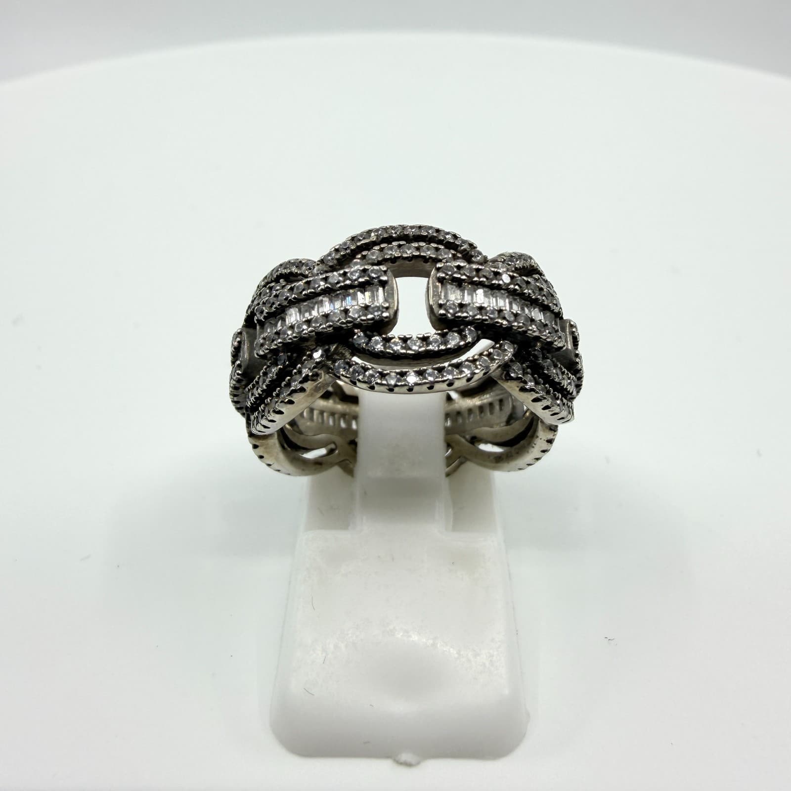 Vintage Silver Tone CZ Interlocking Link Statement Ring Baguette Pave Size 7