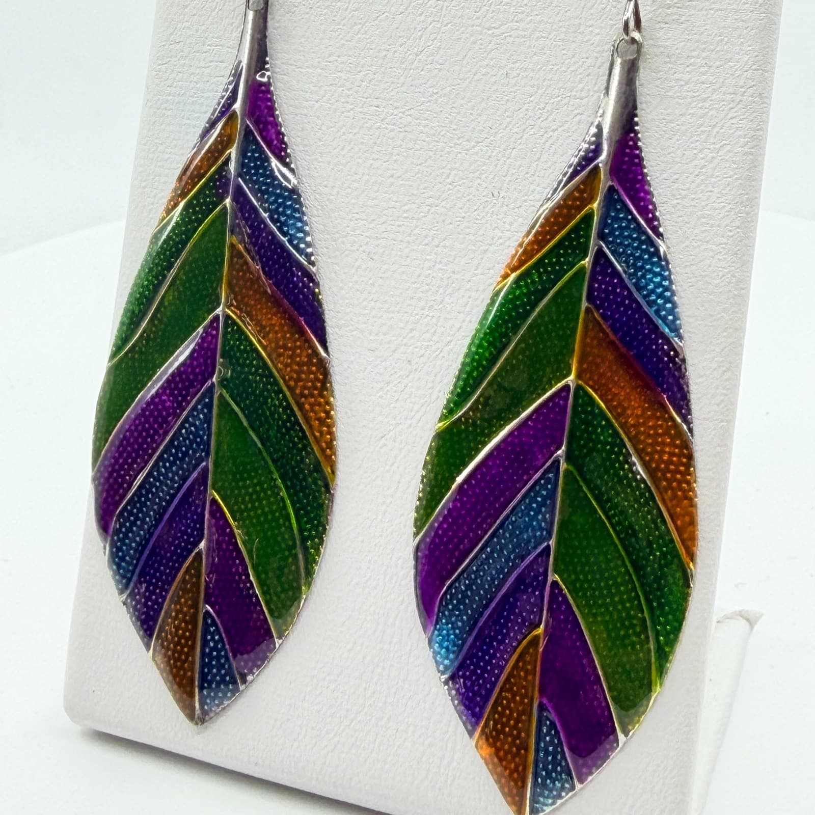 Vintage Rainbow Enamel Leaf Dangle Earrings Silver Tone Boho Multicolor Drop - Thumbnail 6