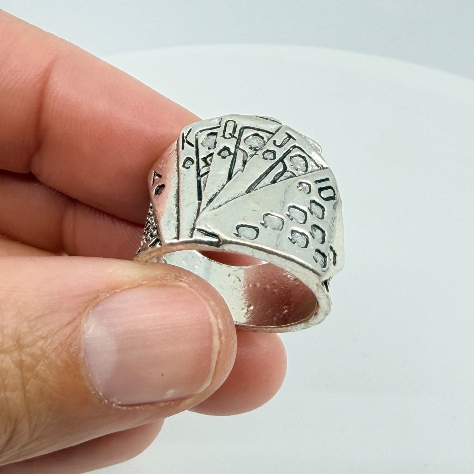 Vintage Silver Tone Royal Flush Playing Cards Poker Statement Band Ring Classic - Thumbnail 8