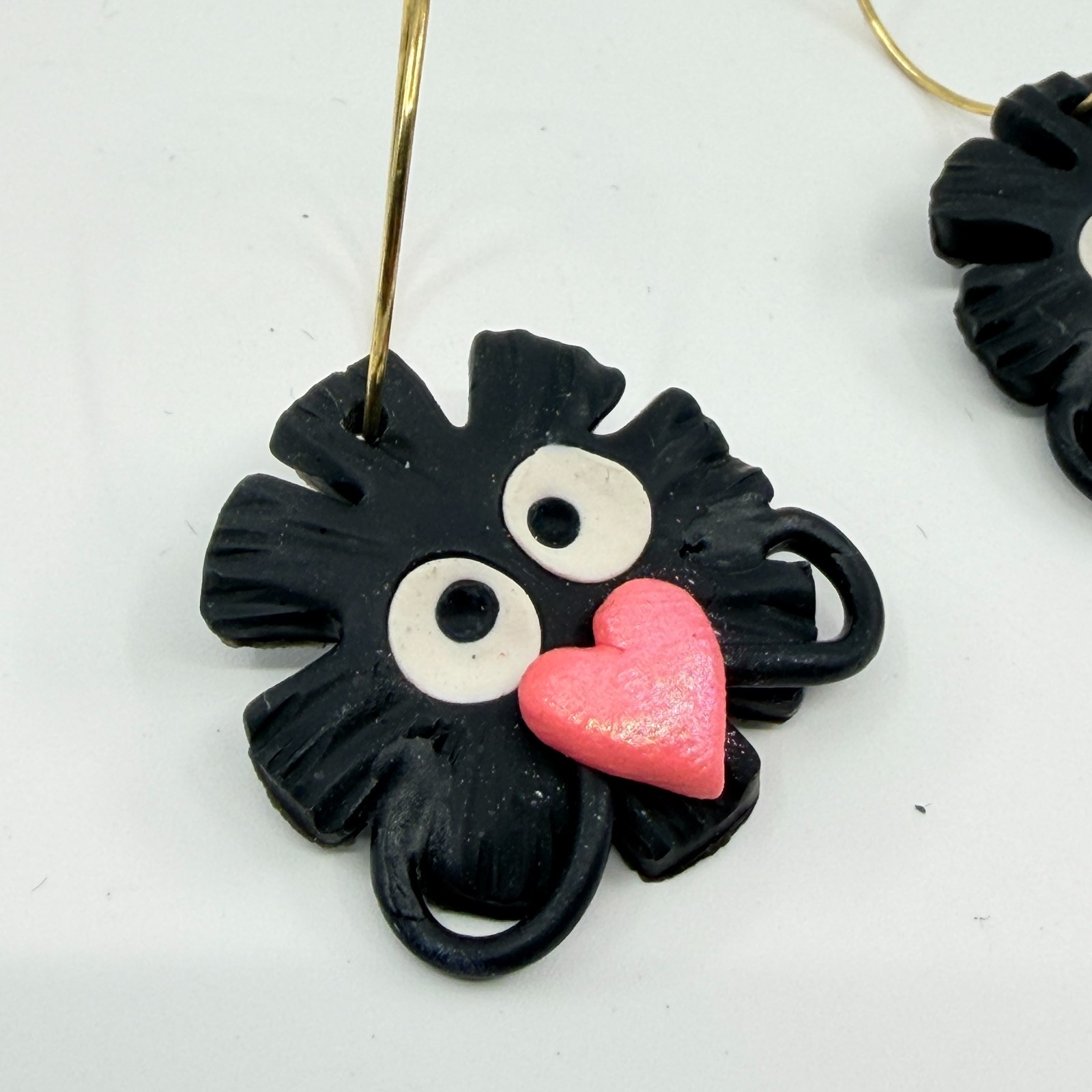 VTG Y2K Cute Black Monster Heart Hoop Earrings Quirky Kawaii Clay Drop Dangle - Thumbnail 4
