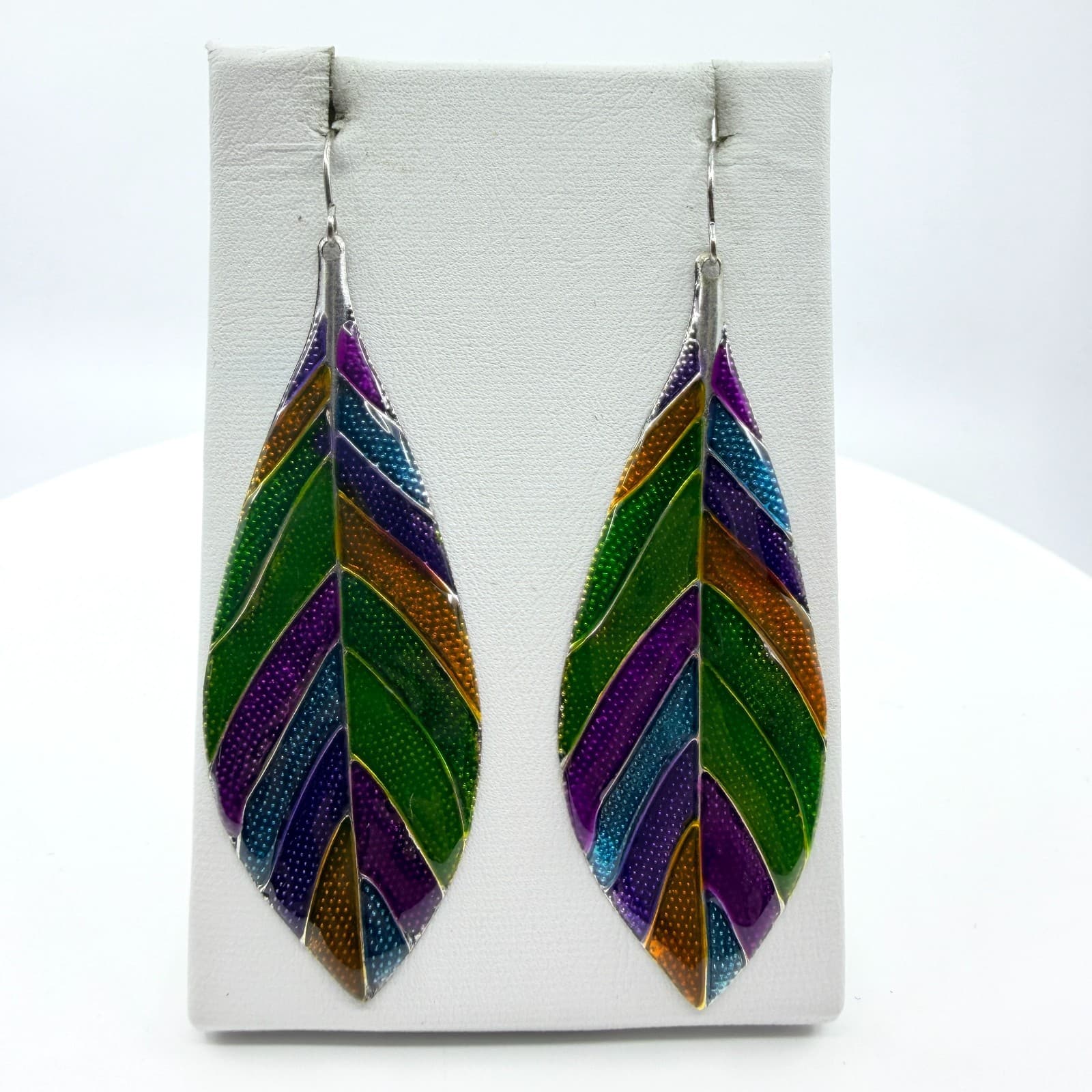 Vintage Rainbow Enamel Leaf Dangle Earrings Silver Tone Boho Multicolor Drop
