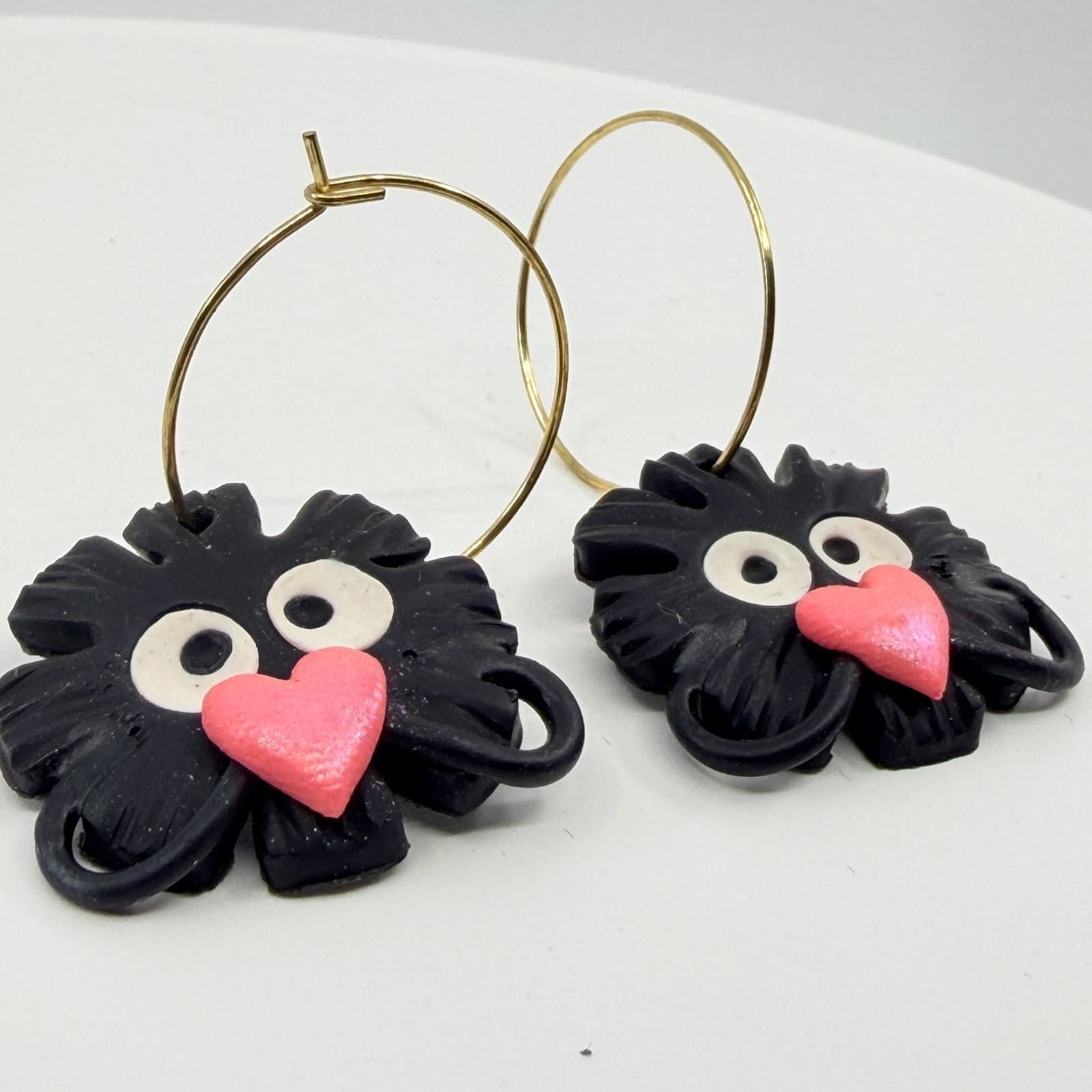 VTG Y2K Cute Black Monster Heart Hoop Earrings Quirky Kawaii Clay Drop Dangle - Thumbnail 6