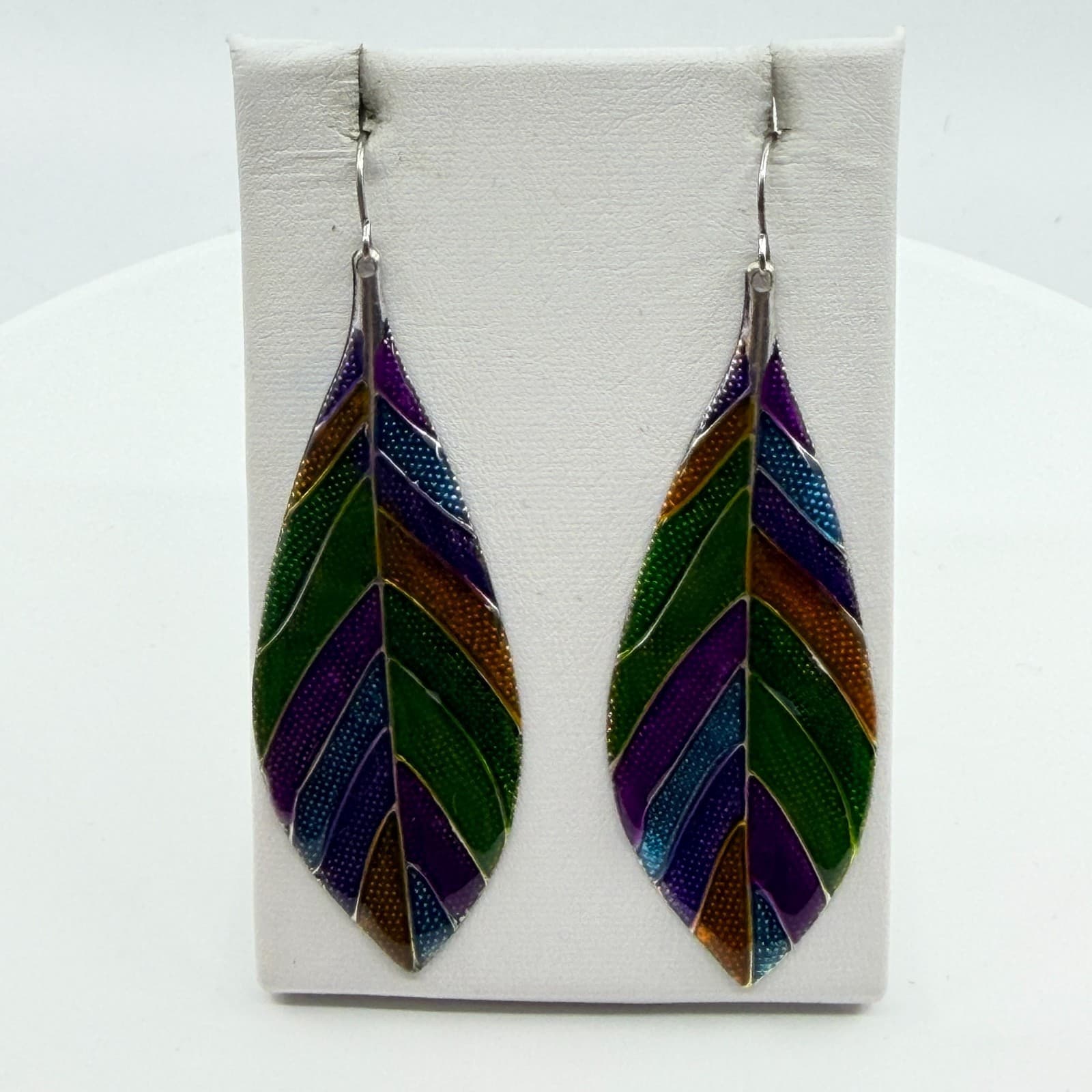 Vintage Rainbow Enamel Leaf Dangle Earrings Silver Tone Boho Multicolor Drop - Thumbnail 8