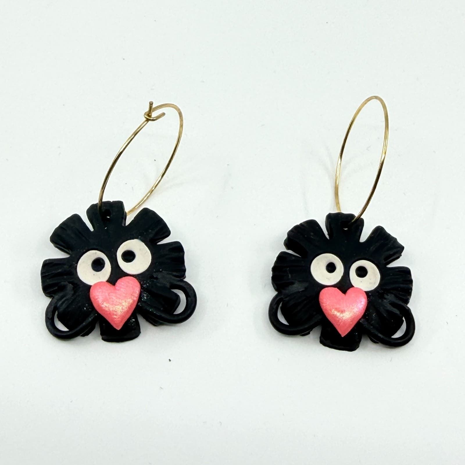 VTG Y2K Cute Black Monster Heart Hoop Earrings Quirky Kawaii Clay Drop Dangle