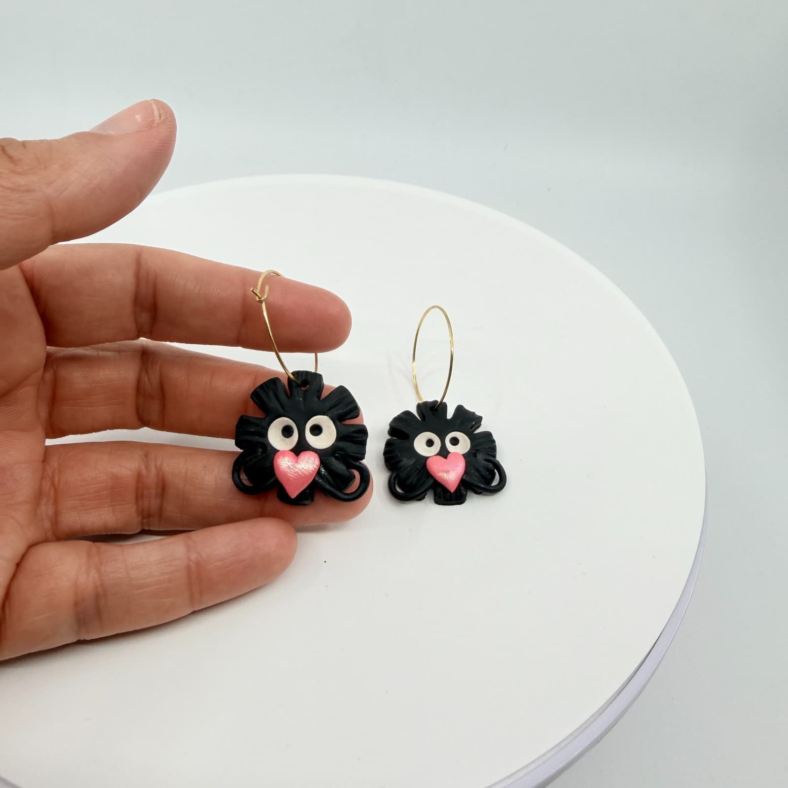 VTG Y2K Cute Black Monster Heart Hoop Earrings Quirky Kawaii Clay Drop Dangle - Thumbnail 8
