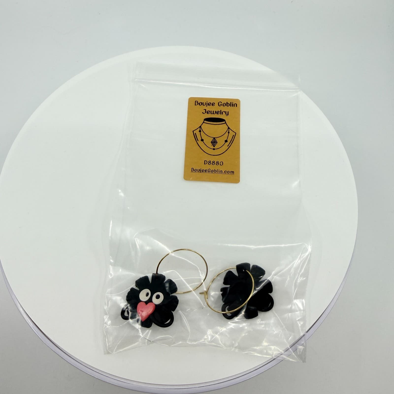VTG Y2K Cute Black Monster Heart Hoop Earrings Quirky Kawaii Clay Drop Dangle - Thumbnail 10