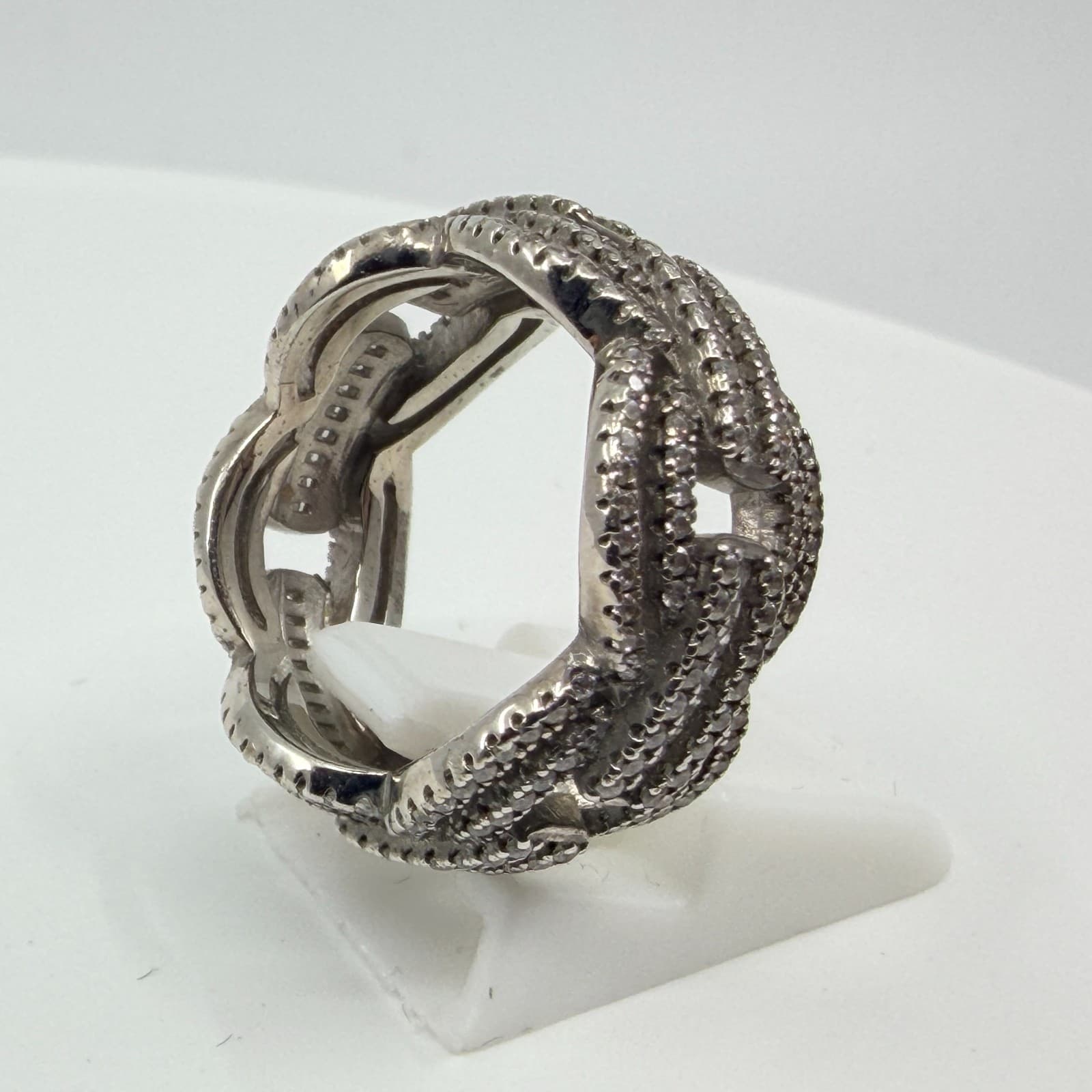 Vintage Silver Tone CZ Interlocking Link Statement Ring Baguette Pave Size 7 - Thumbnail 6