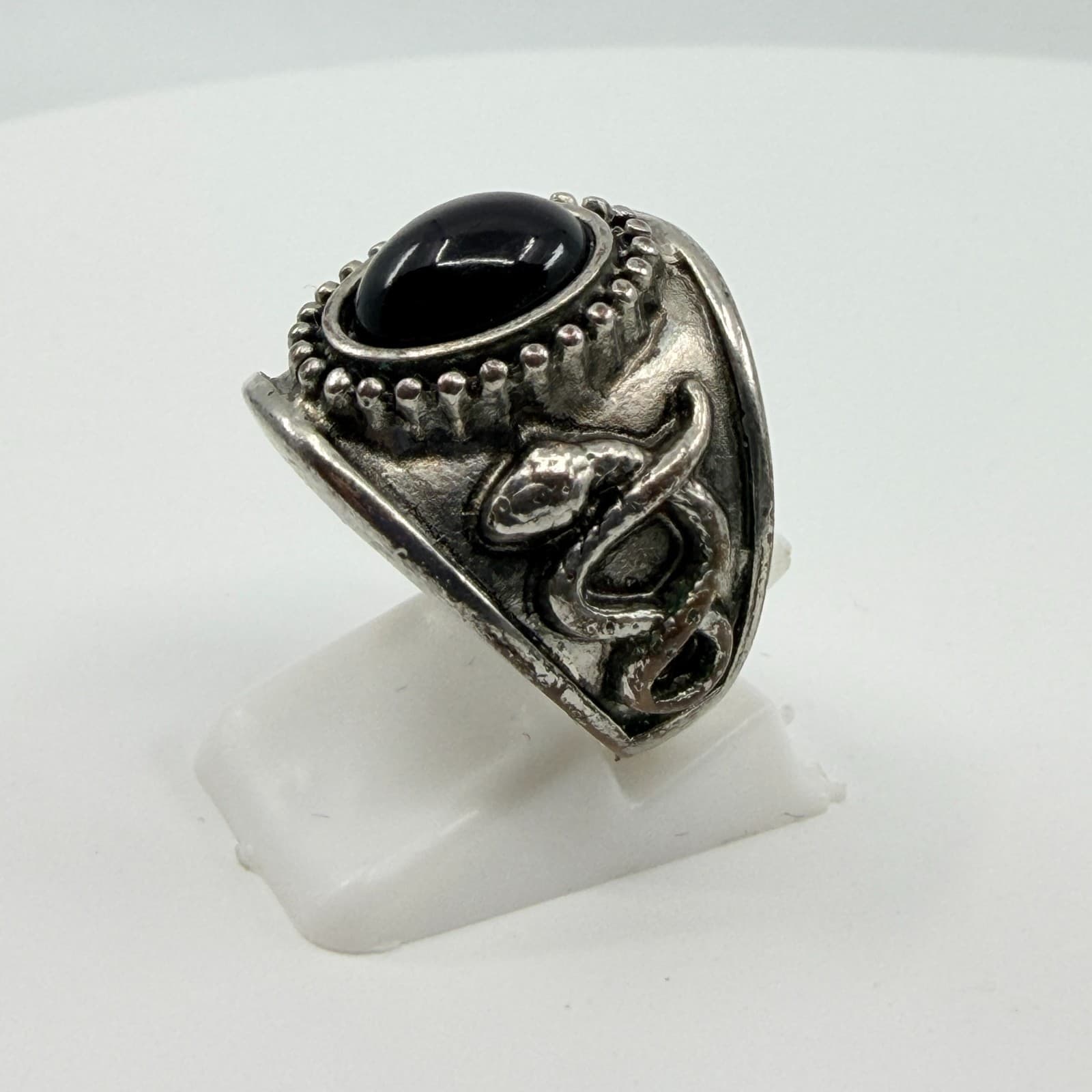 Vintage Gothic Silver Tone Black Onyx Cabochon Snake Side Details Ring Classic - Thumbnail 4