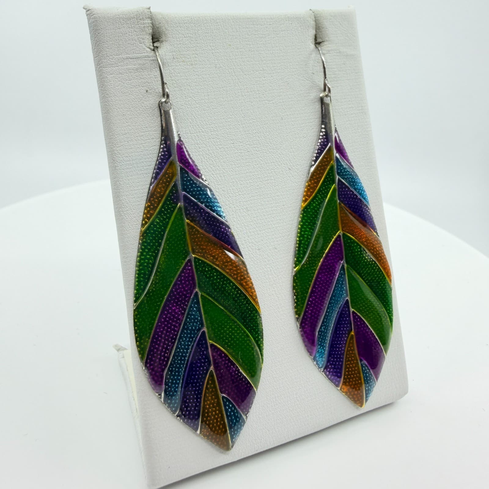 Vintage Rainbow Enamel Leaf Dangle Earrings Silver Tone Boho Multicolor Drop - Thumbnail 2
