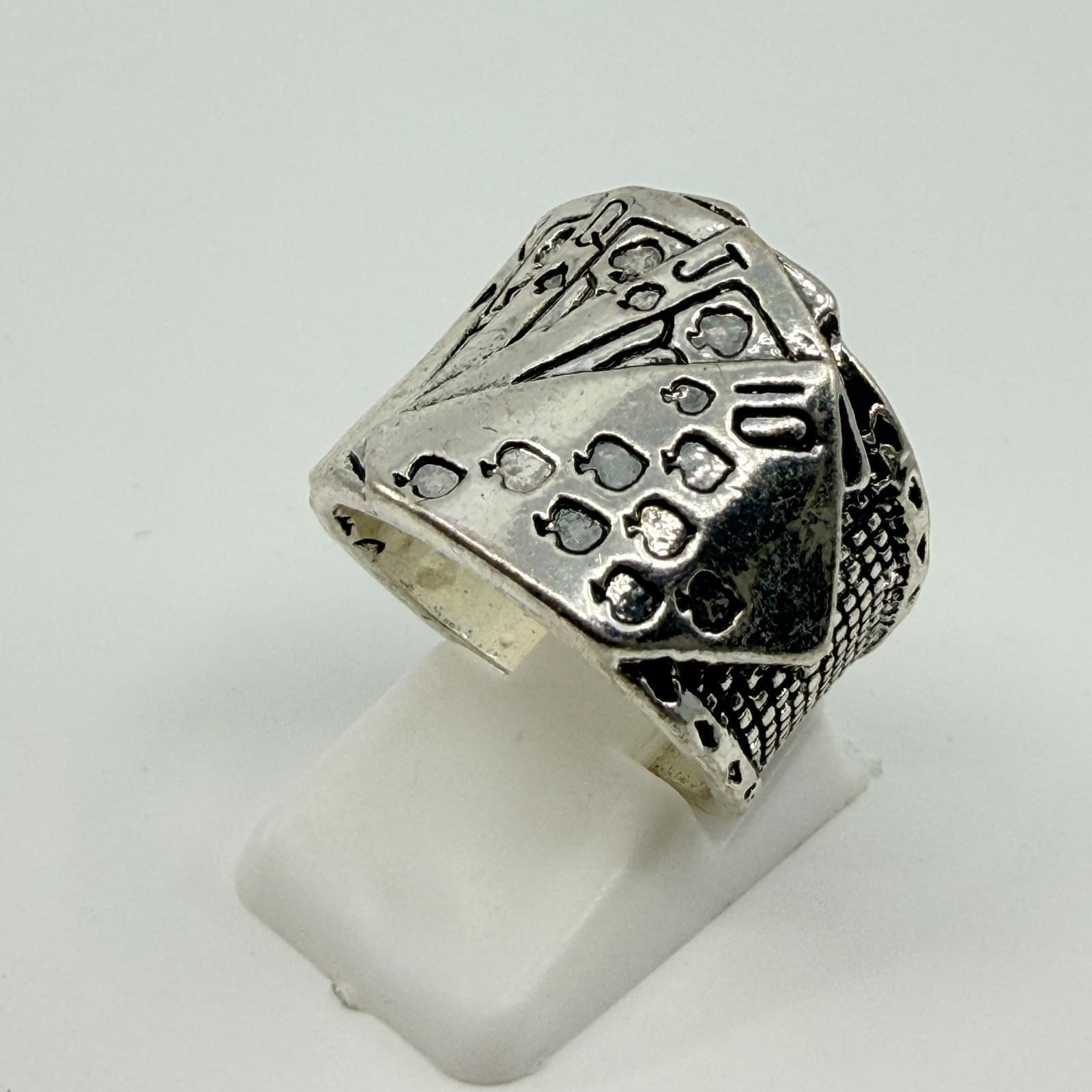 Vintage Silver Tone Royal Flush Playing Cards Poker Statement Band Ring Classic - Thumbnail 4