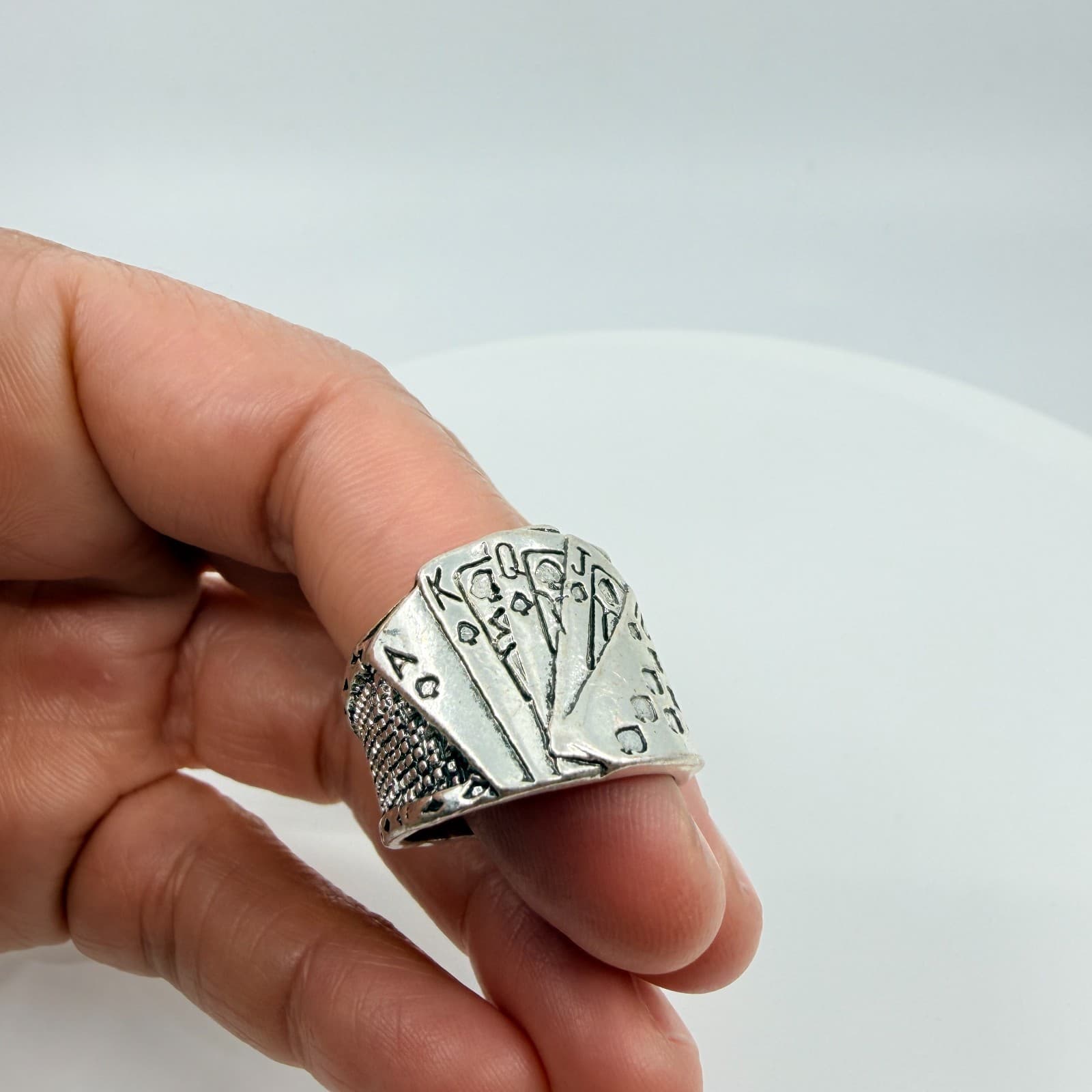 Vintage Silver Tone Royal Flush Playing Cards Poker Statement Band Ring Classic - Thumbnail 9
