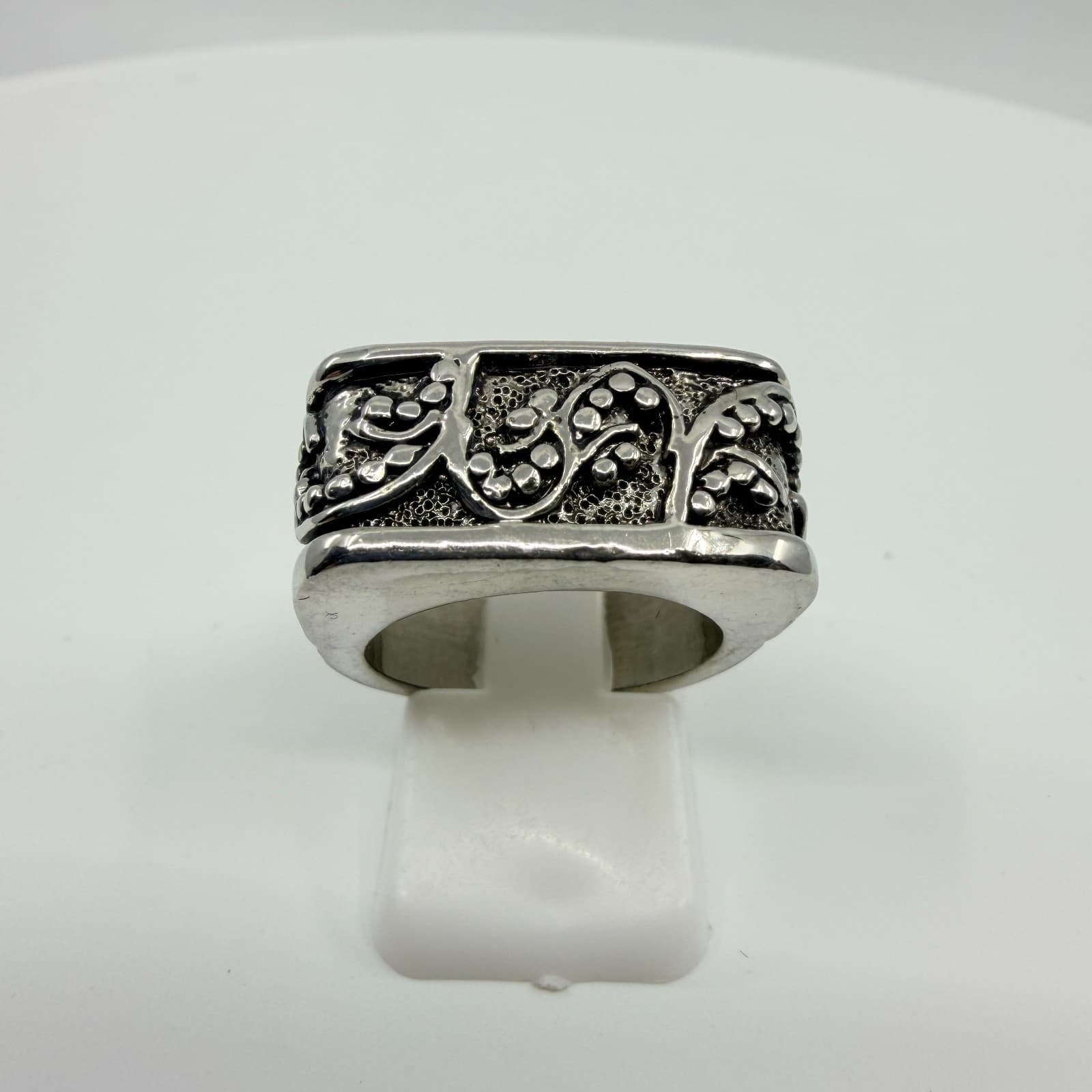 Vintage Silver Tone Ornate Scroll Filigree Wide Signet Band Ring Retro Statement