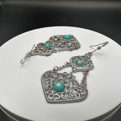 Vintage 90s 80s Dangle Earrings Turquoise Stone Clear Rhinestone Filigree Gothic - Thumbnail 8