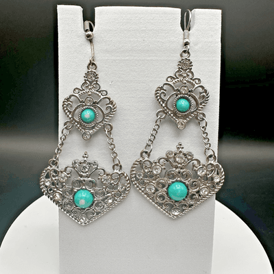 Vintage 90s 80s Dangle Earrings Turquoise Stone Clear Rhinestone Filigree Gothic
