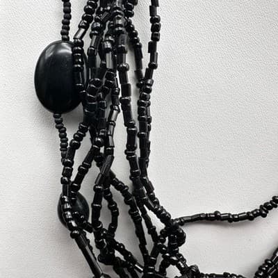 Vintage 80s 90s Black Multi Strand Beaded Necklace Statement Layered Era Jewelry - Thumbnail 7