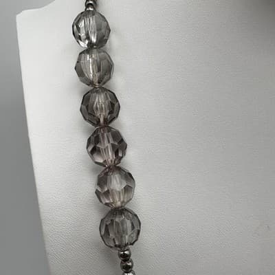 Vintage 90s Smokey Gray Glass Bead Necklace Silver Tone Statement Jewelry Retro - Thumbnail 5