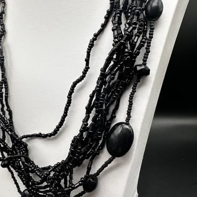 Vintage 80s 90s Black Multi Strand Beaded Necklace Statement Layered Era Jewelry - Thumbnail 4