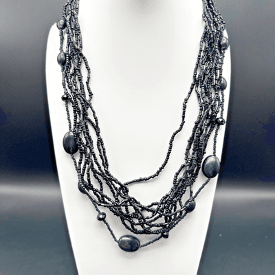 Vintage 80s 90s Black Multi Strand Beaded Necklace Statement Layered Era Jewelry