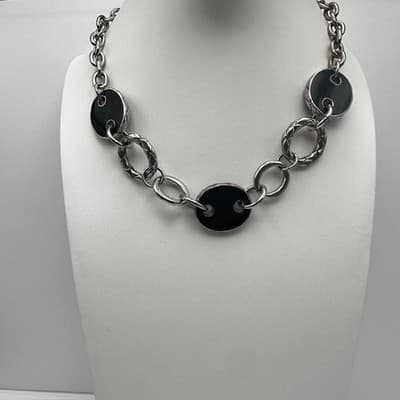 Vintage 90s Chunky Link Necklace Black Oval Inlay Silver Tone Women's Jewelry