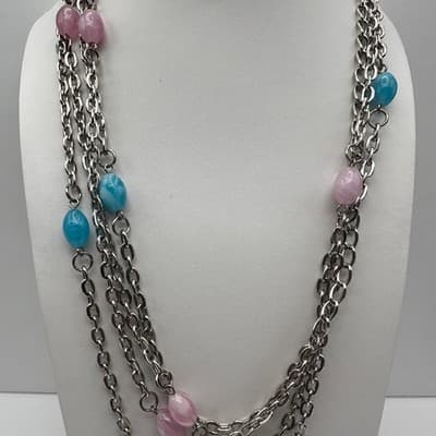 Vintage Y2K 4-Layered Chain Necklace Pink & Blue Acrylic Beads Silver Tone Retro - Thumbnail 2